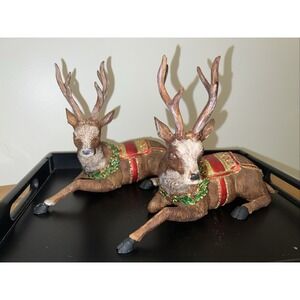 Set Of 2 Reindeer Resin Wooden Look Christmas Holiday Wreath Decor Display 10x8"